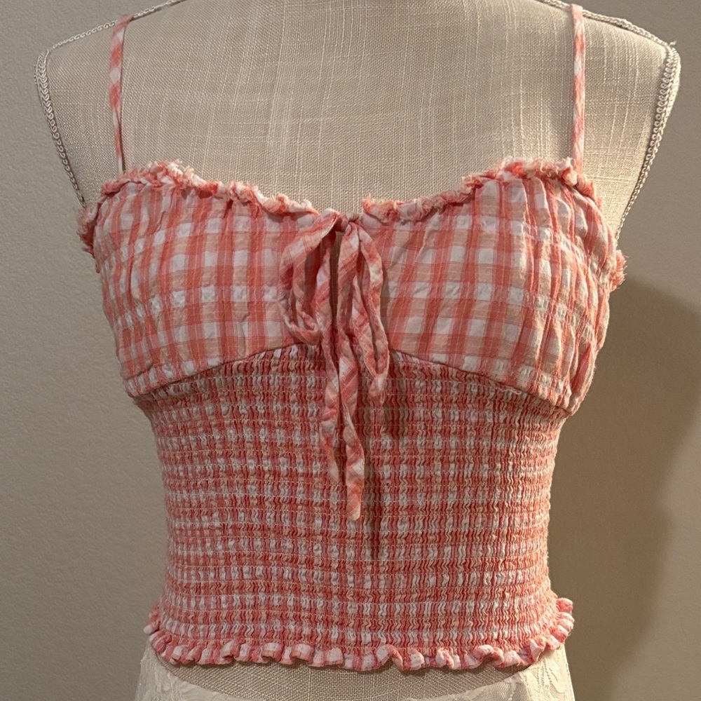 Forever 21 Pink Checkered Smocked Crop Top